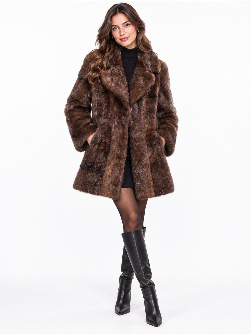 Classic Brown Faux Fur Trench Coat - Women's Winter Jacket